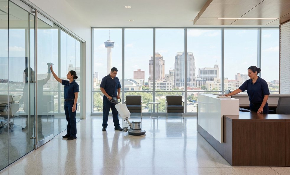 Commercial cleaning crew cleaning a modern office lobby with city skyline views