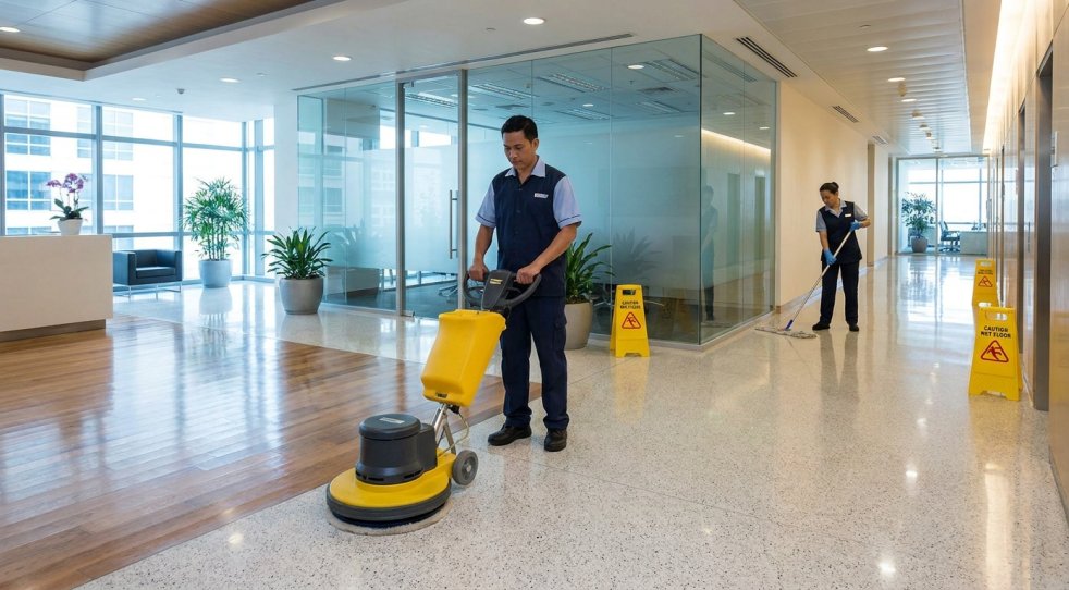 Janitorial staff cleaning and polishing office lobby floors with caution signs