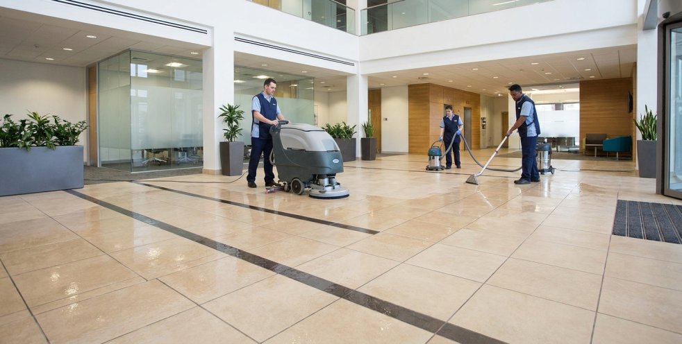 Cleaning crew scrubs tile and grout in a commercial lobby with floor-cleaning equipment