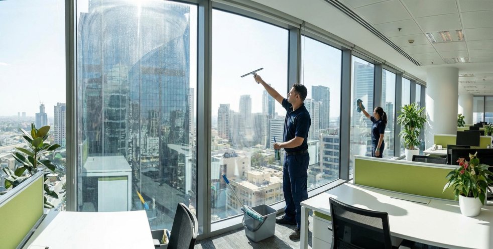 Commercial office cleaners washing large interior windows with city view outside